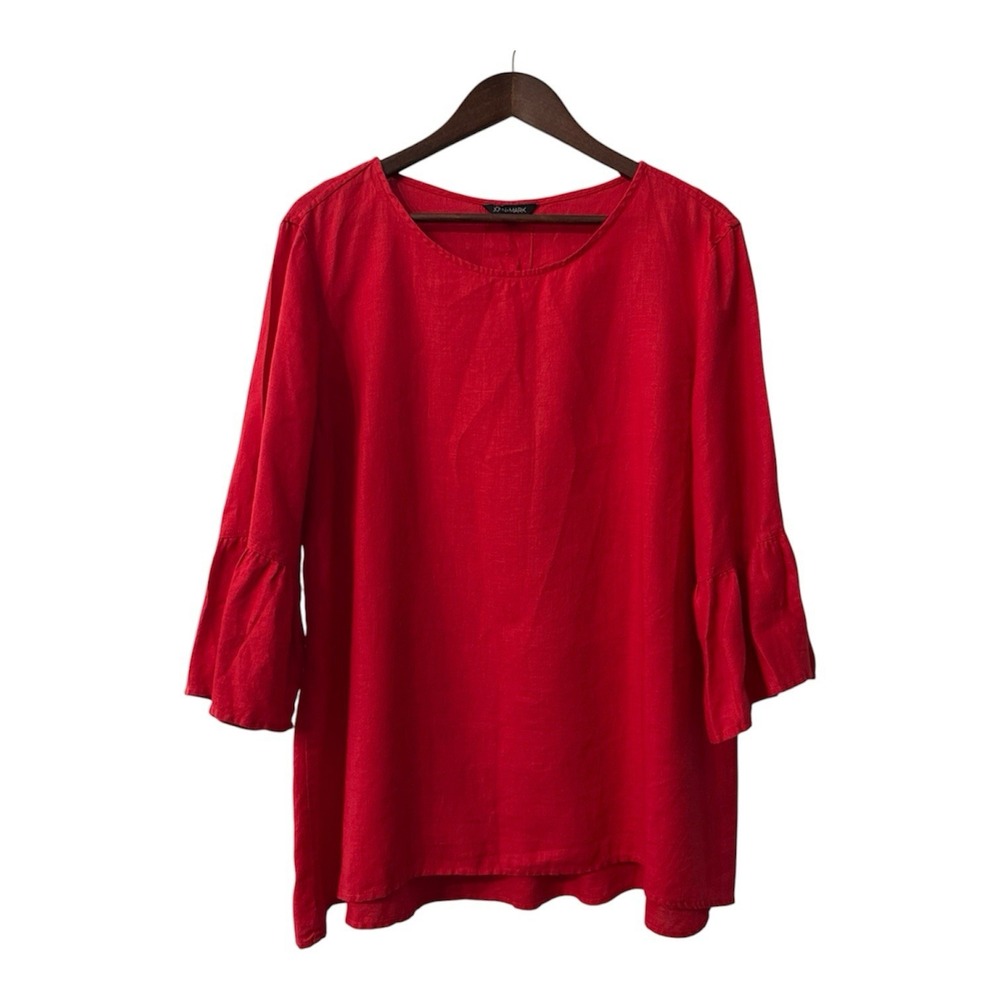John Mark linen top women's XL red bell sleeve festive resort cruise lagenlook